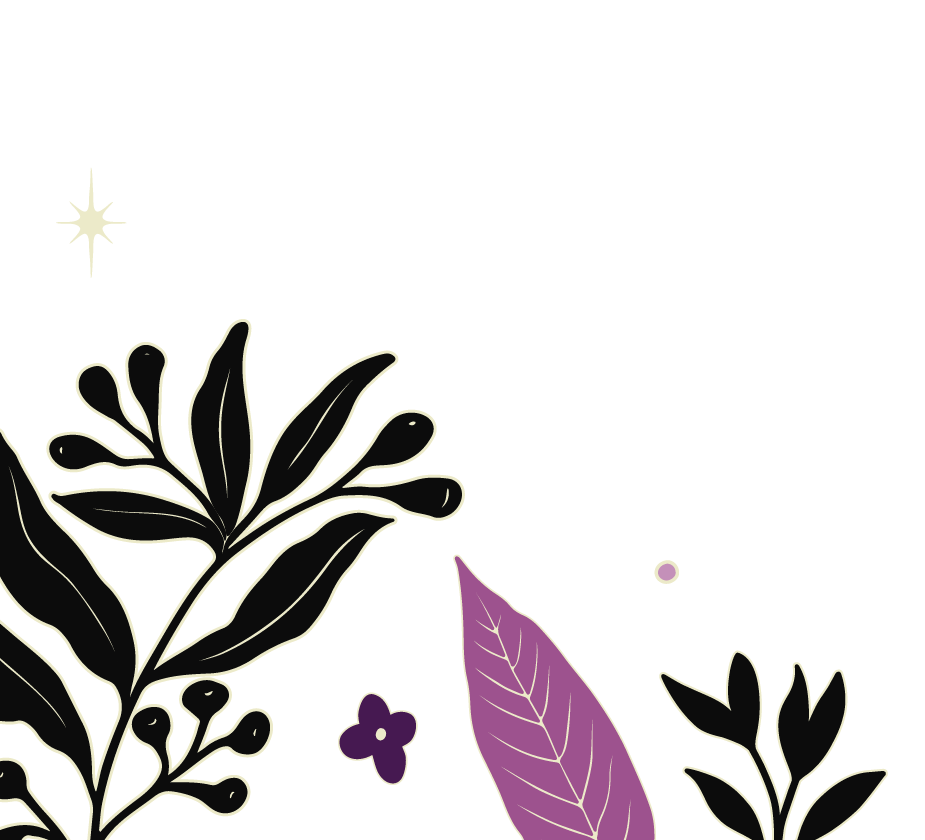Decorative botanical illustration with outlined leaves and purple accents, star in the upper left corner on a black background.