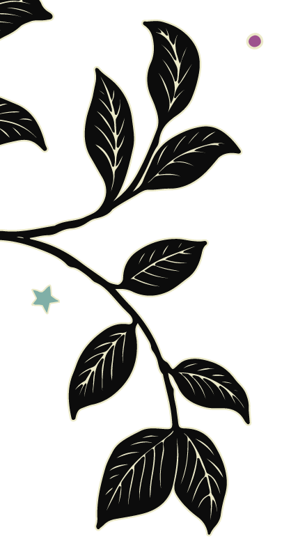 Illustration of a plant branch with leaves on a black background, complemented by small star and circle decorative elements.