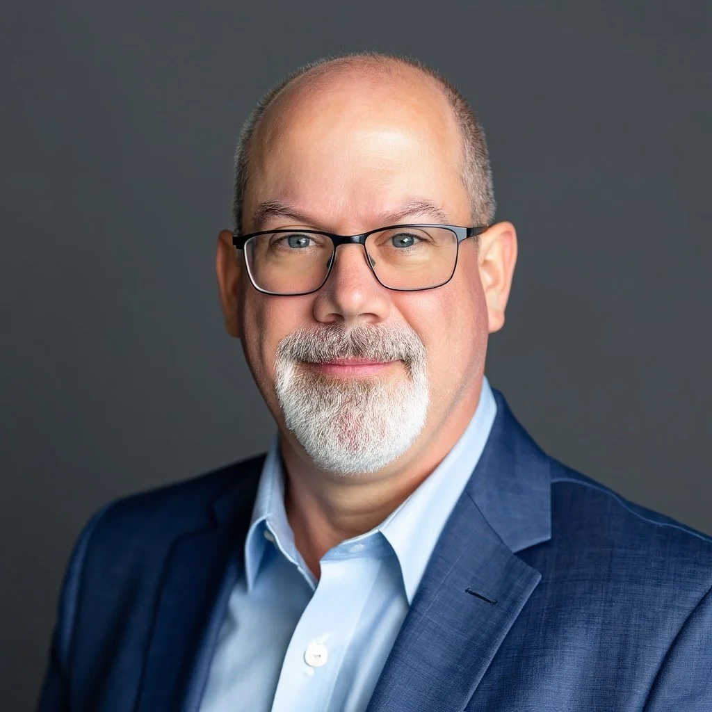 Headshot of a middle-aged man with glasses, white facial hair, wearing a blue suit and light blue shirt, smiling softly against a dark gray background.