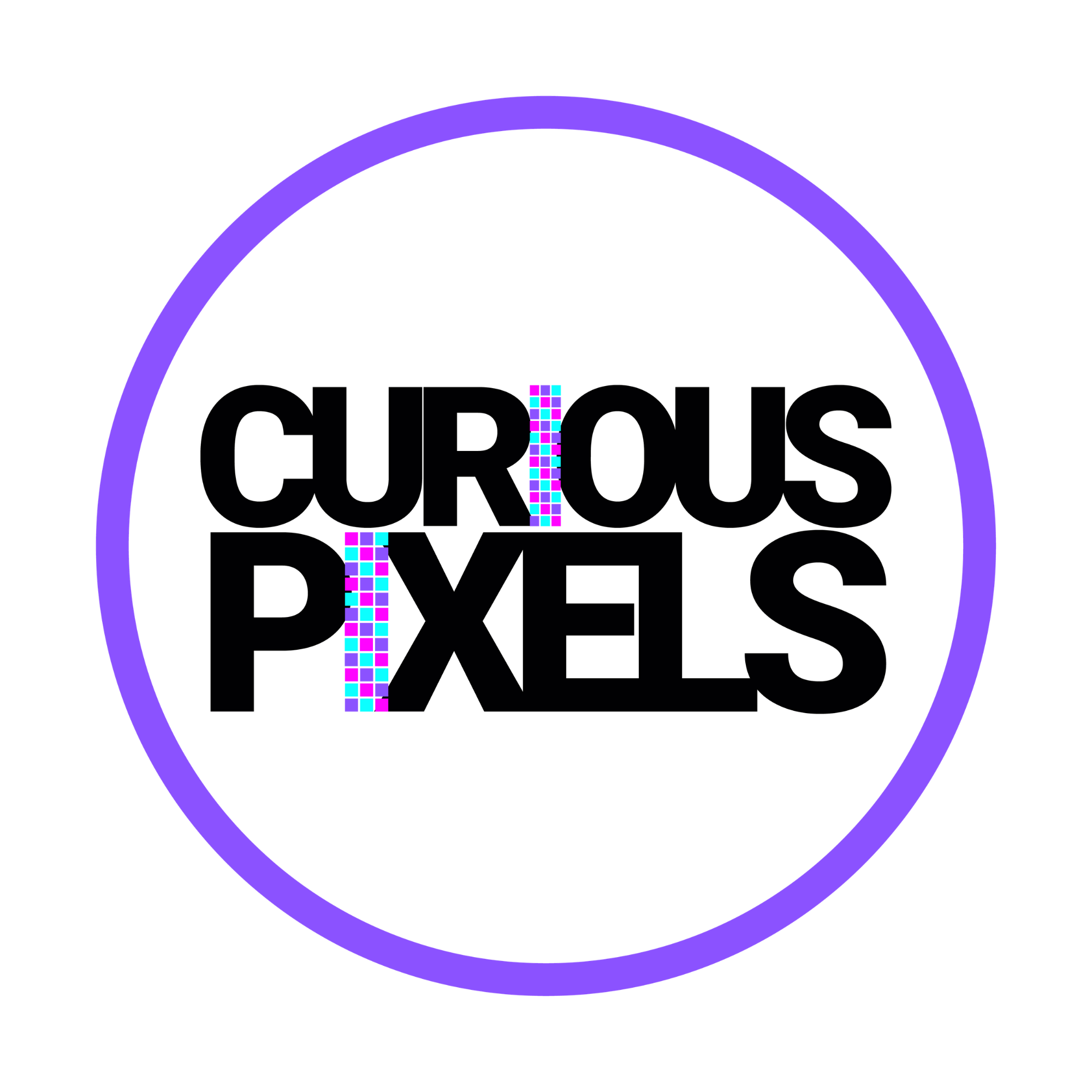 Curious Pixels logo with bold black text and pixelated blue and pink accents, inside a purple-bordered white circle.