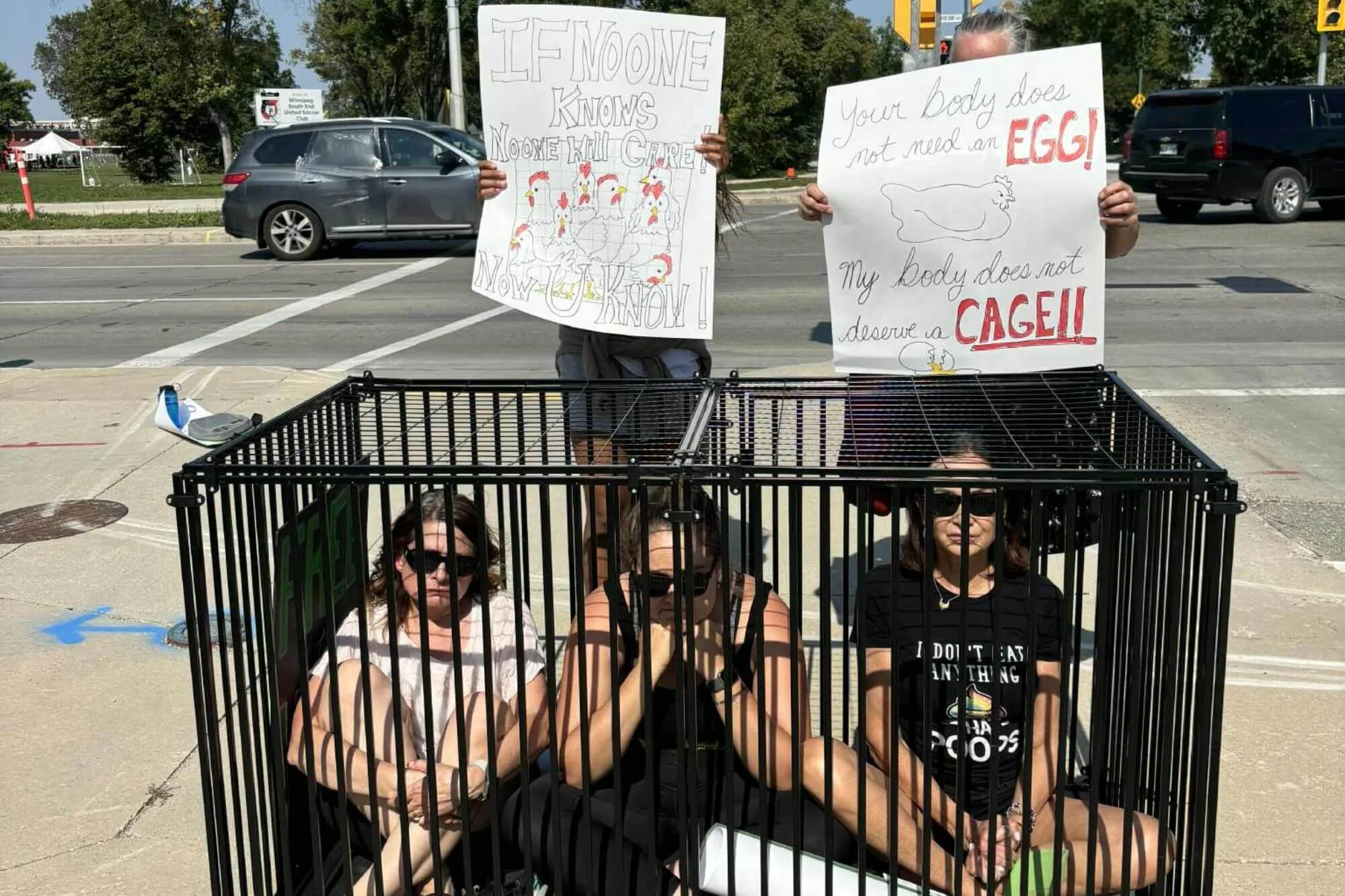 Three women are sitting inside a large cage on a sidewalk, wearing sunglasses and black clothing. Two other people stand behind the cage holding signs with messages advocating for animal rights and body autonomy, including one with chickens and the t