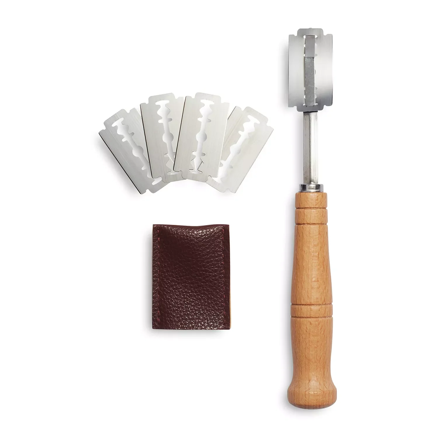 En kniv for snitting av brød med treskaft, fem ekstra barberblader og et brunt etui i lær