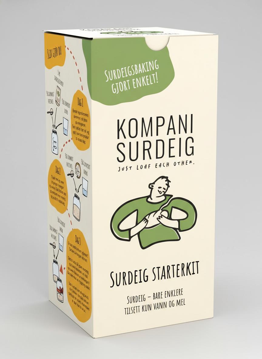 Boks med surdeigsstarter-kit med instruksjoner i norsk.
