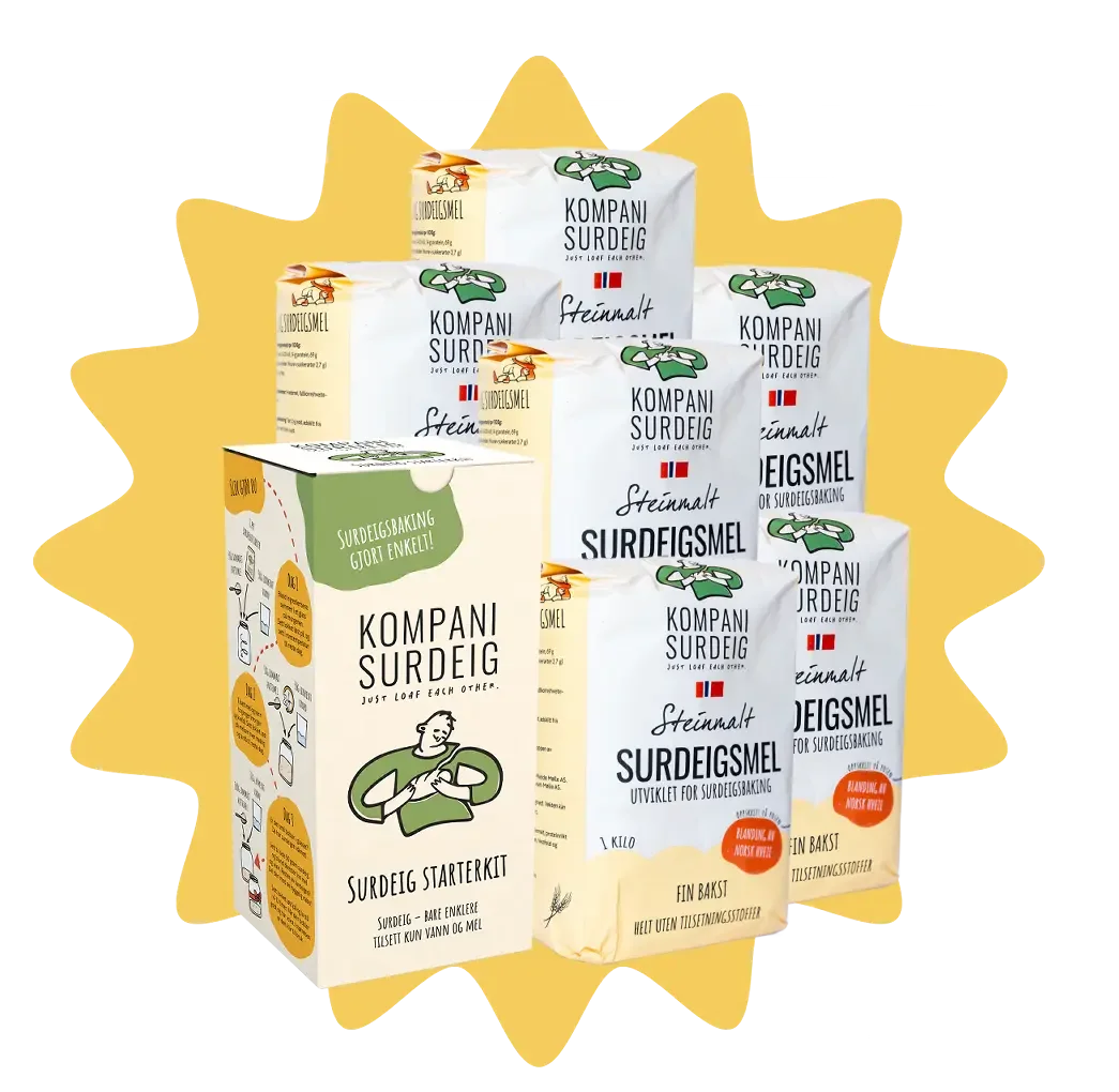 Pakke med surdeigsstarterkitt for surdeigsbaking, med ingredienser og instruksjoner