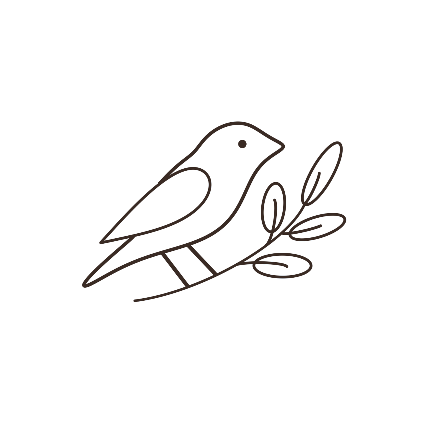 Minimalist line drawing of a bird sitting on a branch with leaves.