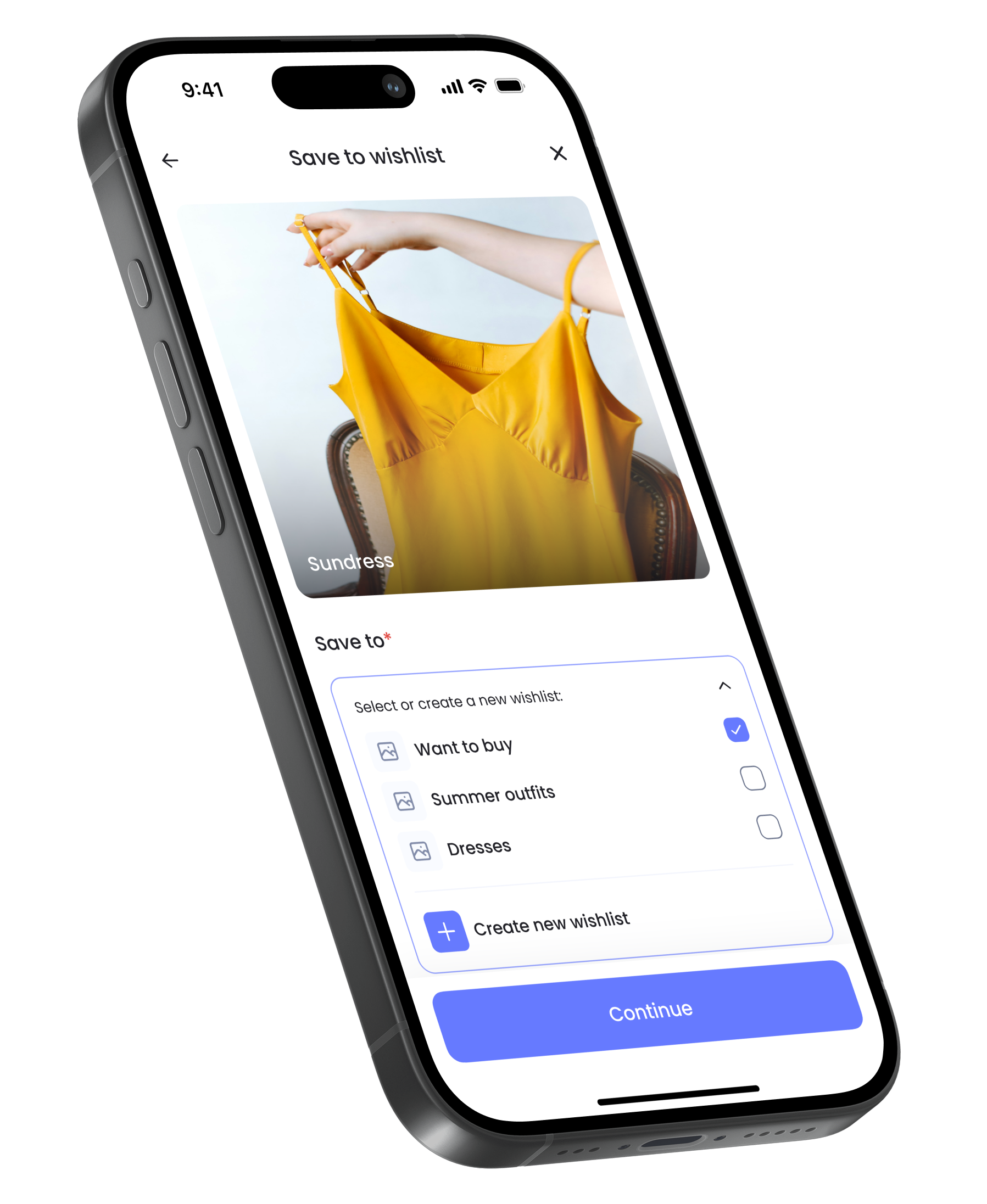 A smartphone displaying a shopping app page for saving a dress to a wishlist, with options to create new wishlists such as "Want to buy," "Summer outfits," and "Dresses."