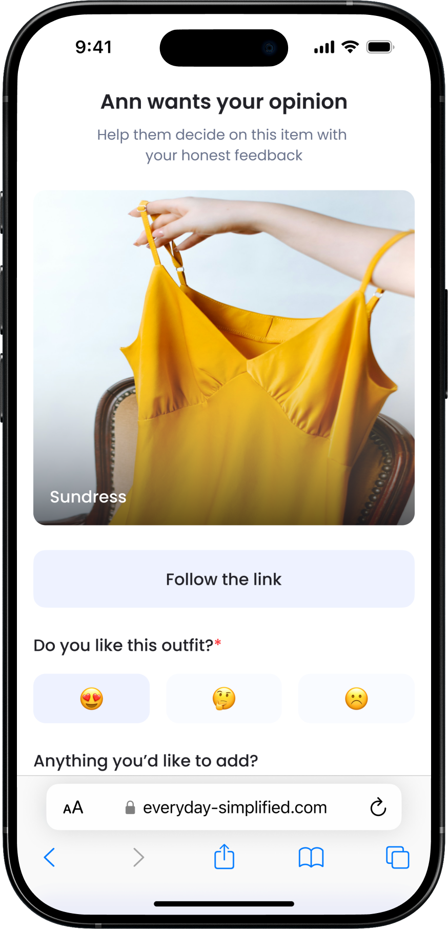A smartphone screen displaying a survey about a dress, with options for liking or disliking the outfit and a link to follow for more.