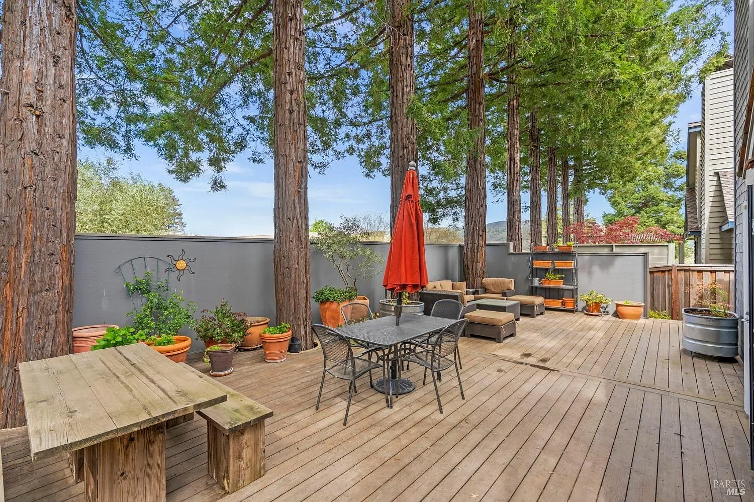 Wooden deck with outdoor furniture, potted plants, and large trees in the background