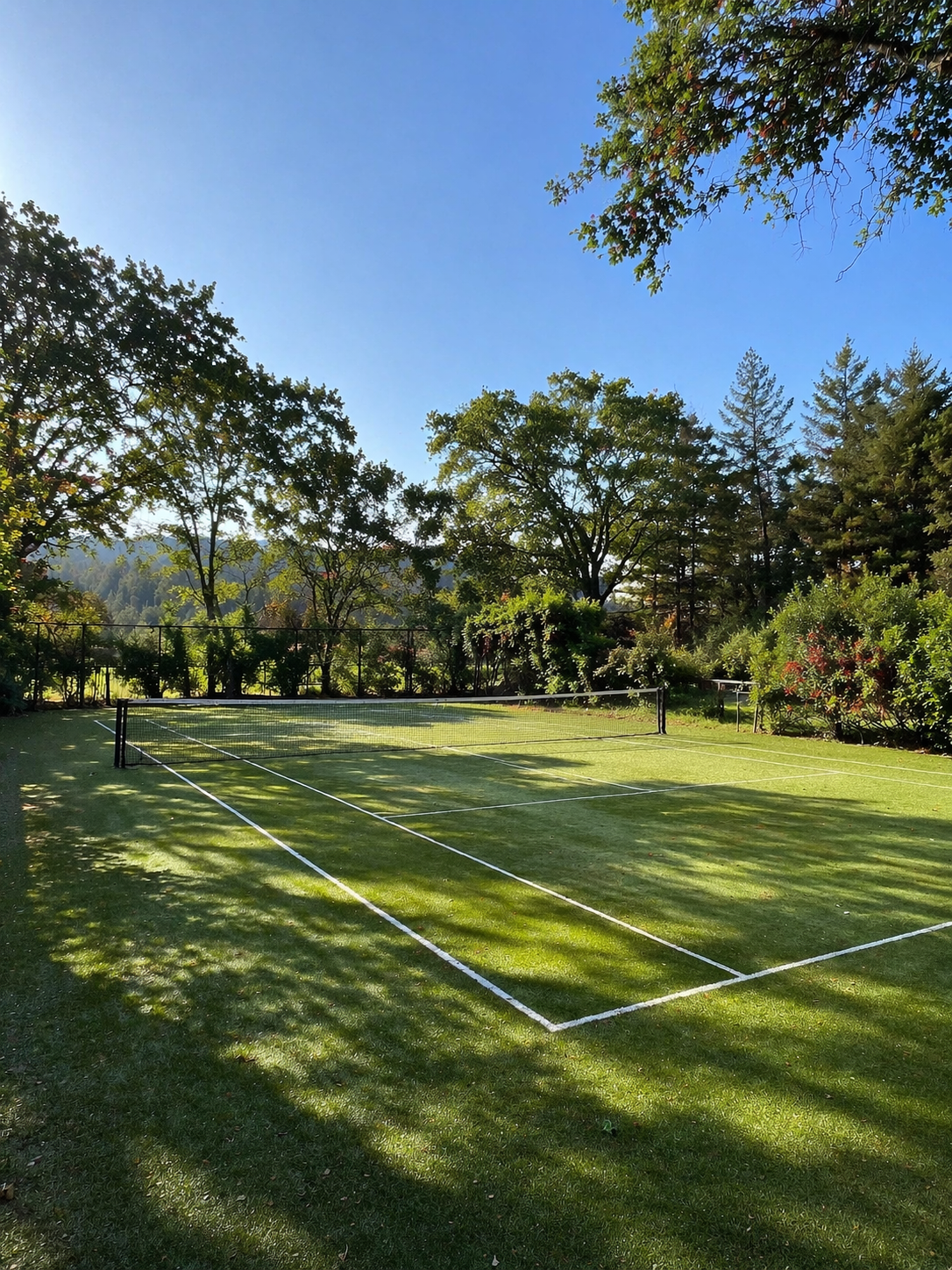 Sunny tennis court in garden setting.png