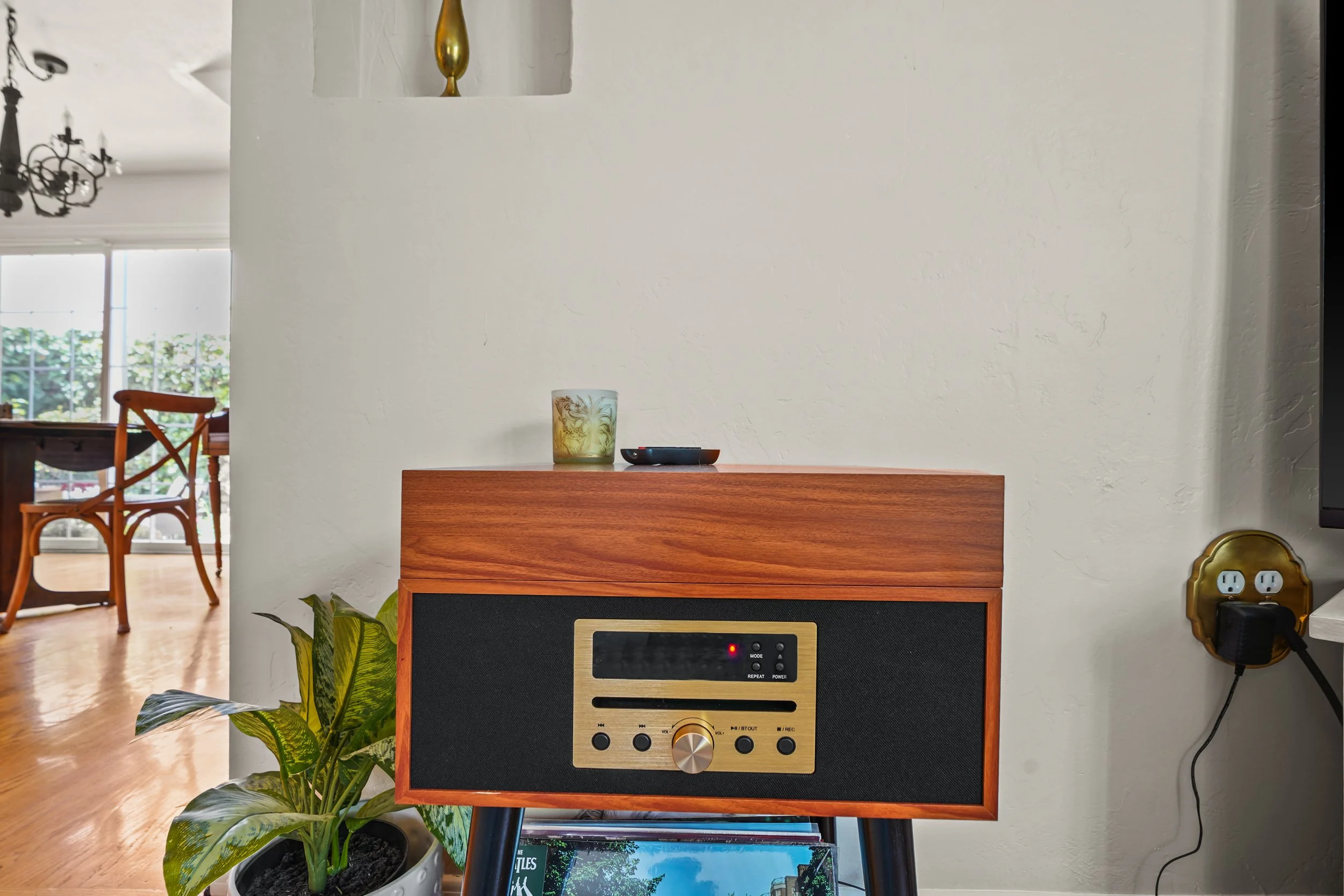 A wooden speaker with control buttons and a volume knob is situated in front of a white wall, with a green potted plant beside it. On top of the speaker, there is a decorative glass with a floral design and a small black remote control.