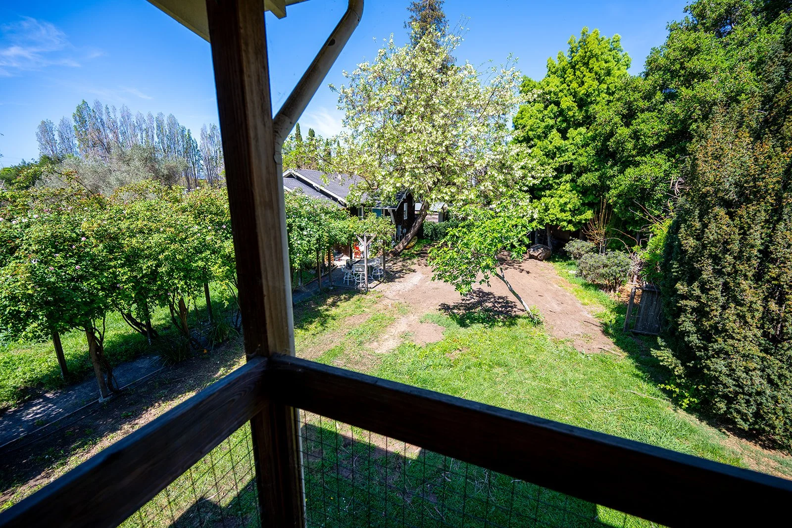 View of a backyard garden from a second-story window, showing trees, grass, a patio with garden furniture, and a wooden fence.