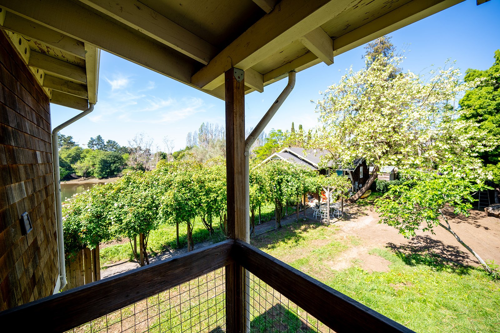 View from a balcony overlooking a lush backyard with trees, a small shed, and outdoor seating on a sunny day.