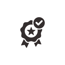 A black and white icon of a badge with a star in the center, a checkmark in a circle, and ribbon tails at the bottom.
