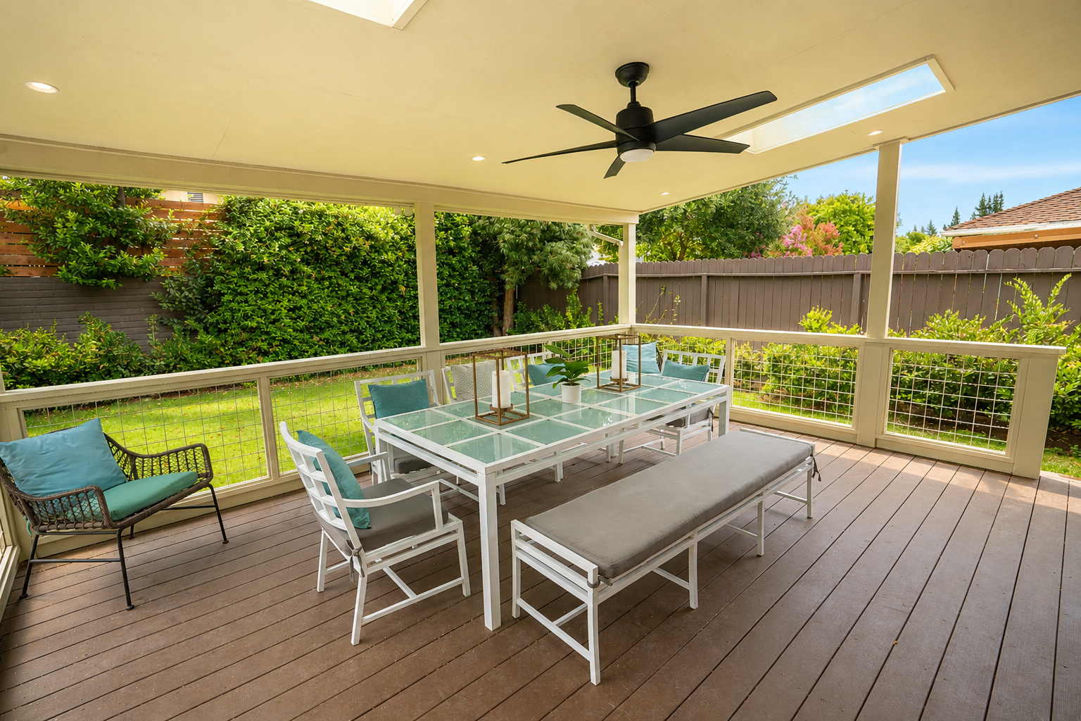 Covered patio with wooden flooring, white outdoor furniture including a glass-top table, chairs, a bench, and pillows. Ceiling fan and skylights, with lush greenery and a wooden fence in the background.