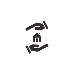 Icon of a hand holding a house between two other hands, representing care or support.