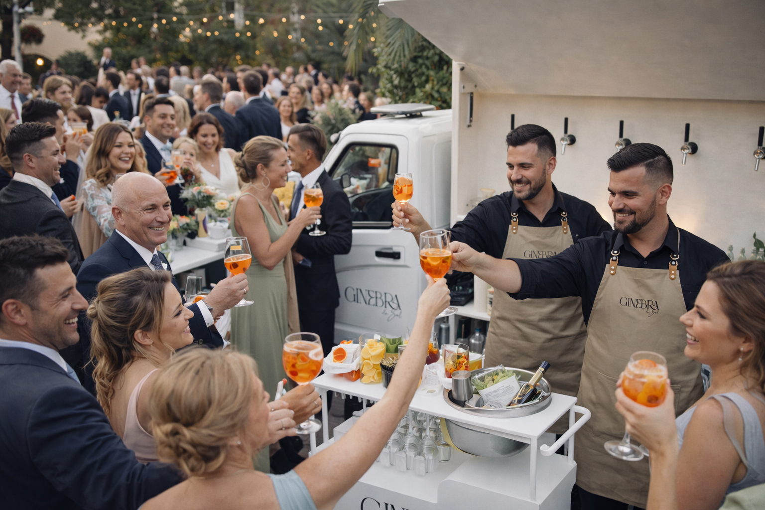 Ginebra de Sal staff serving apparel spritz to happy wedding attendants