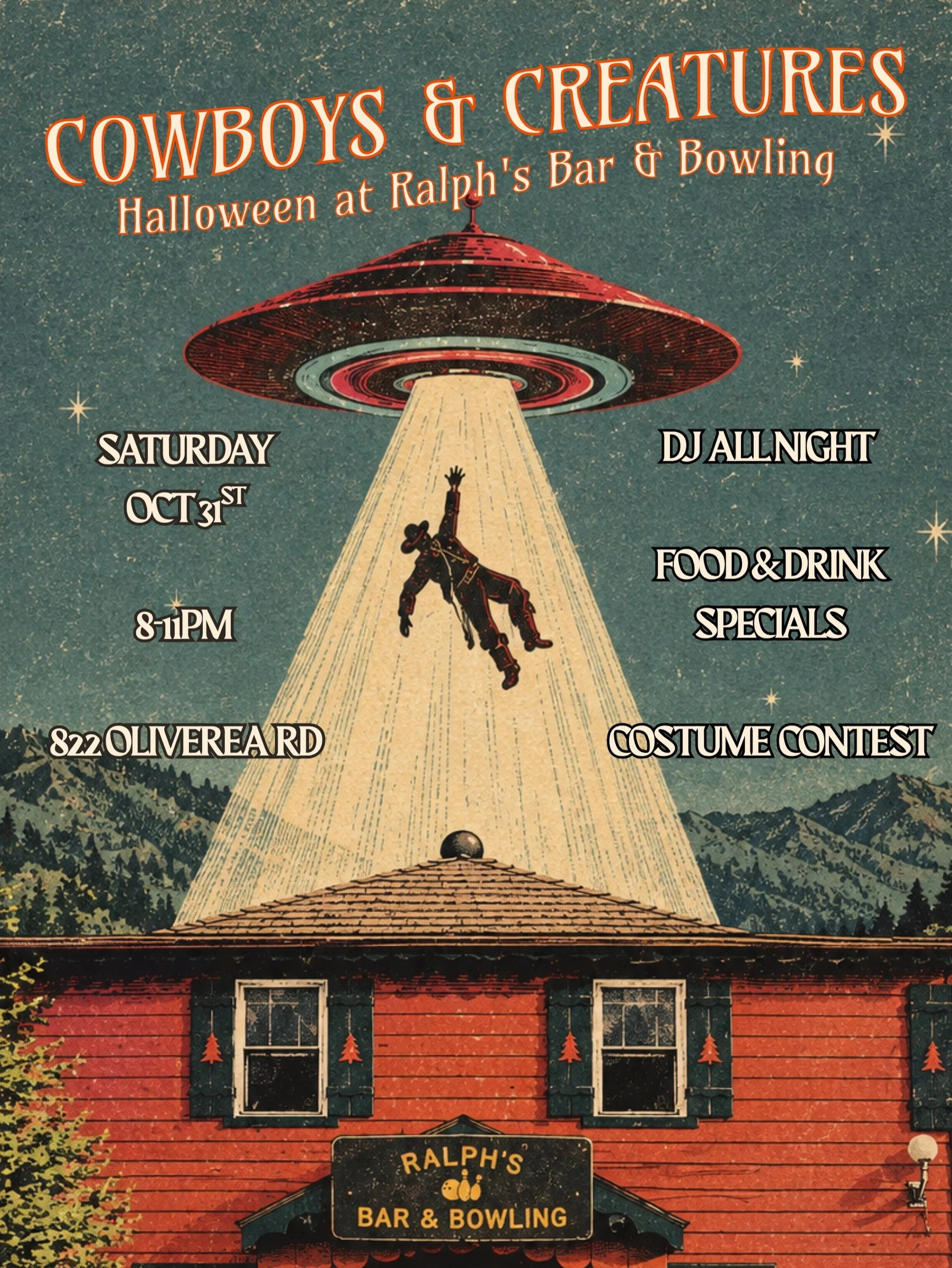 Cowboys and creatures alike, come hang with us for HALLOWEEN! Saturday, Oct 31st starting at 8pm. BOOze and food specials, costume contest, and a DJ all night long. See you there 👻🎃