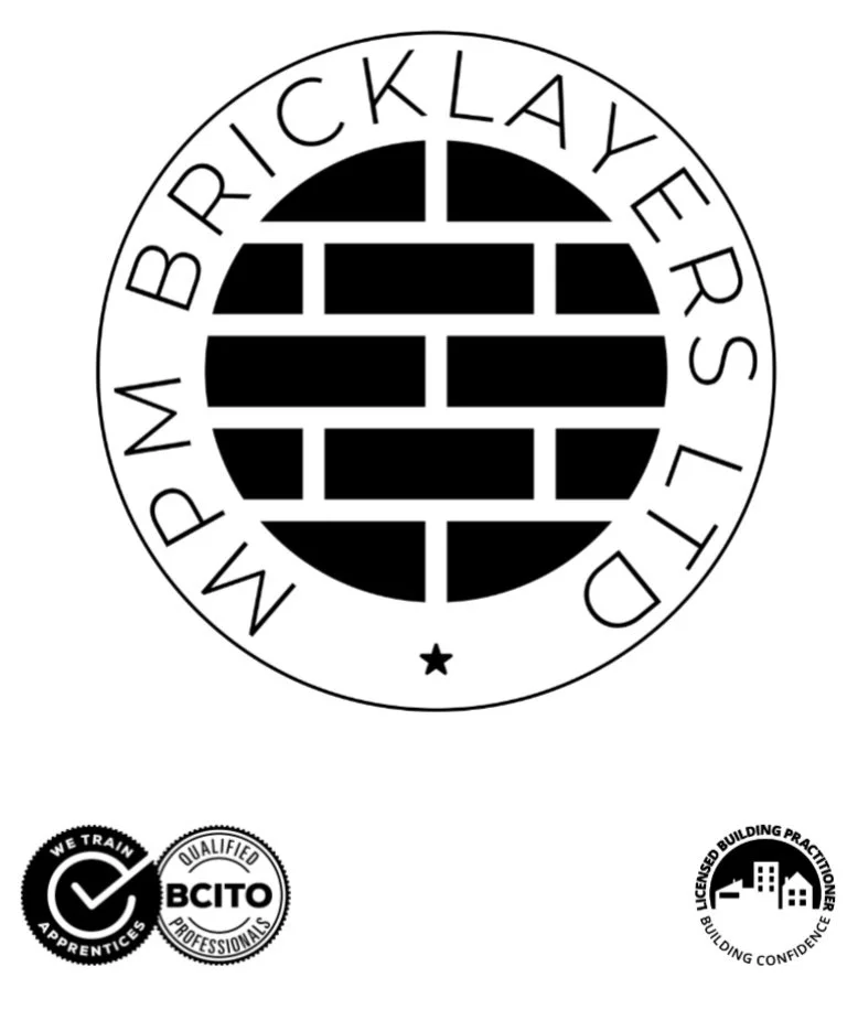 Black and white logo for Bricklayers Ltd with a brick wall inside a circle, surrounded by the company name, and additional certifications and badges at the bottom.