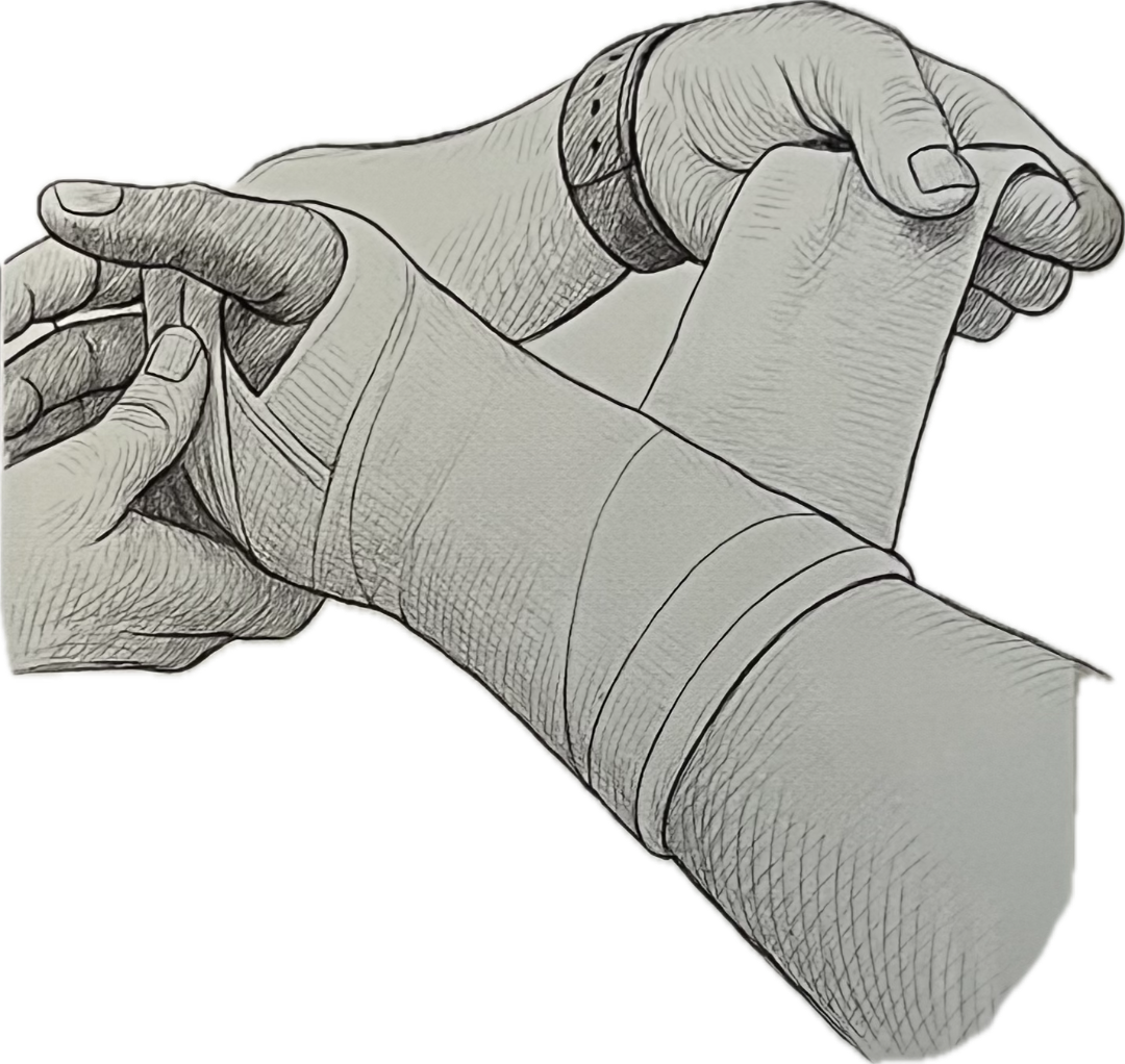 An illustration of a person holding hands with another person, with one hand supporting the other's wrist and hand, emphasizing care or connection.