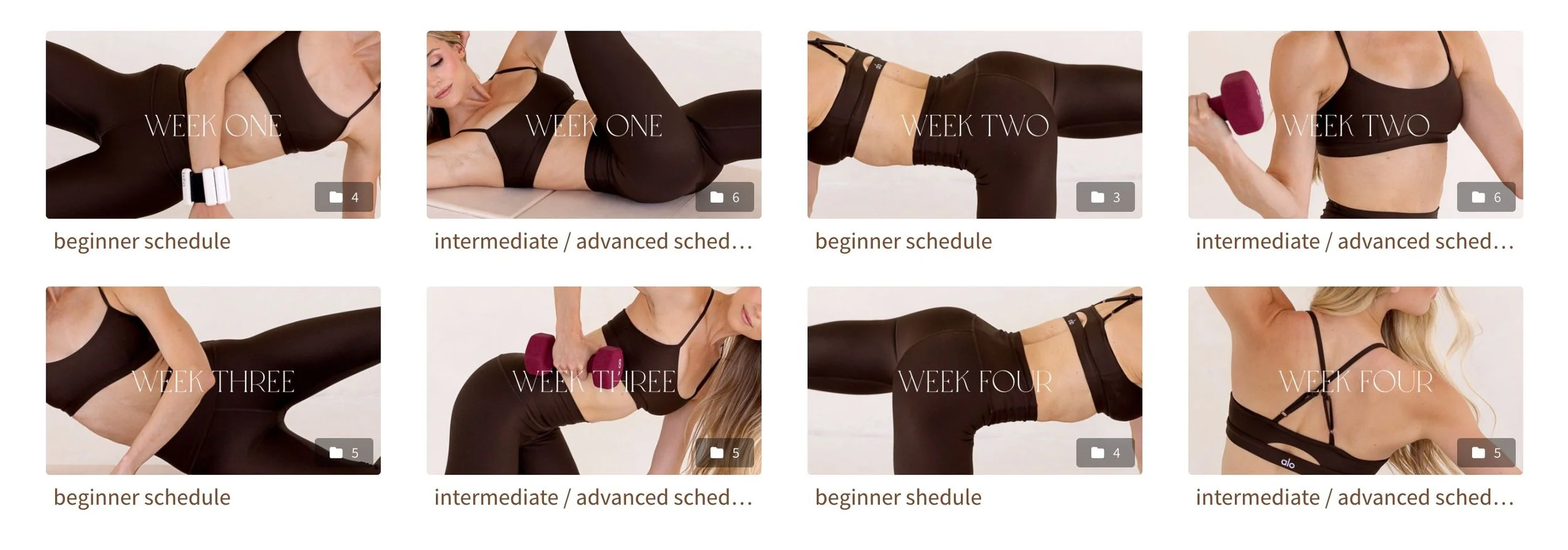 Series of eight fitness progress images showing a woman performing exercises at different stages labeled week one to week four, with schedules for beginner and intermediate/advanced levels.