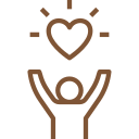 Outline of a hand holding a heart with rays emanating from it.