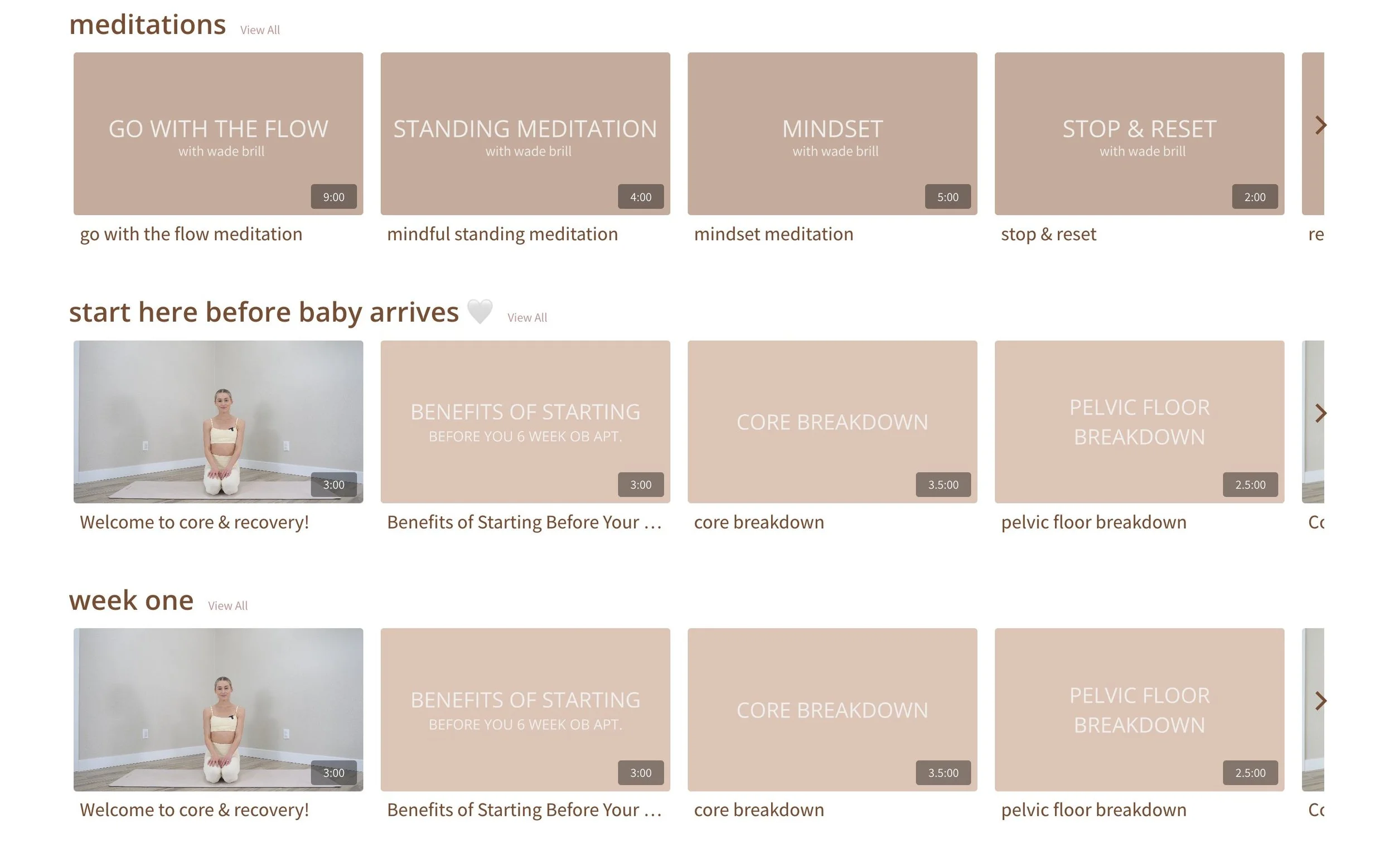 A webpage featuring a selection of meditation videos and introductory content for expectant parents. The top section displays four meditation videos titled 'Go With The Flow,' 'Standing Meditation,' 'Mindset,' and 'Stop & Reset.' Below, there is a se