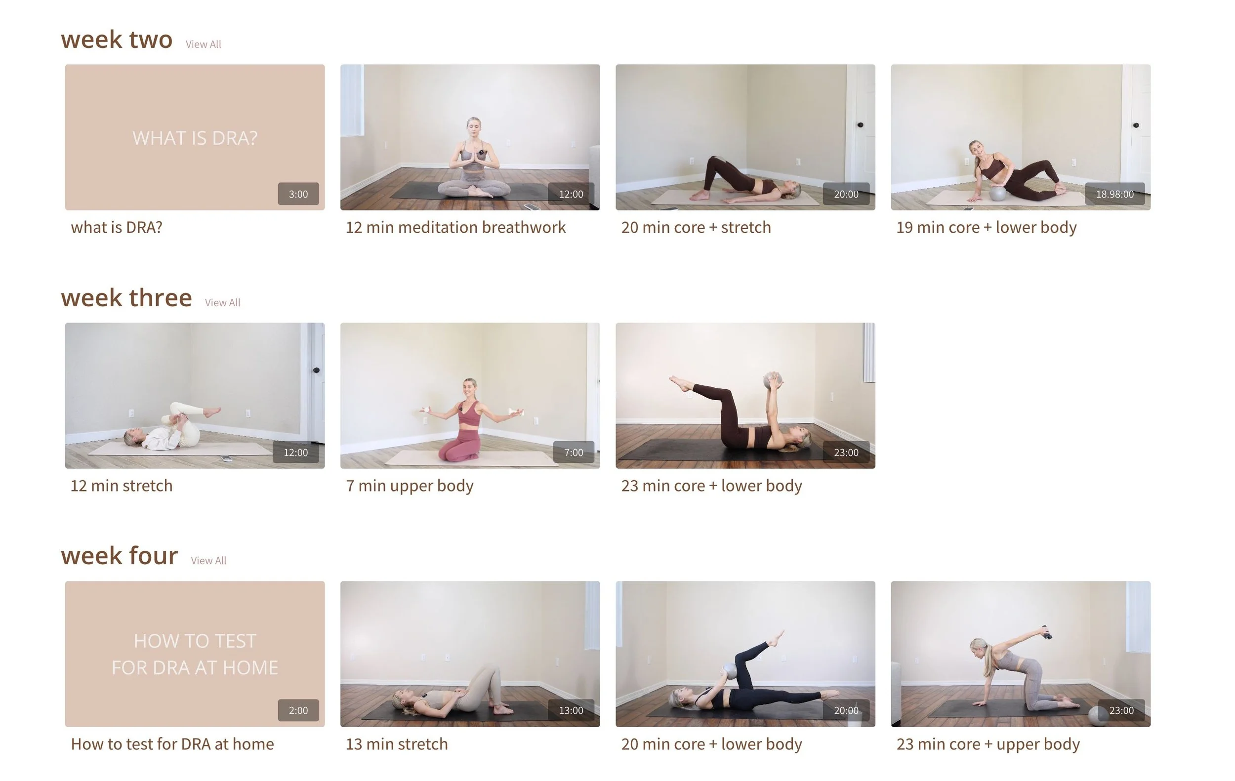 Screenshots of a yoga workout program showing various exercise videos organized by weeks, including meditation, stretching, core, upper body, and lower body workouts.
