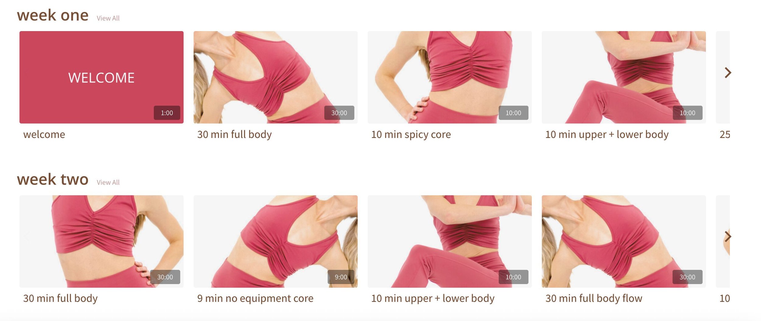 Online fitness class schedule featuring weekly workout videos with a woman in a pink workout outfit performing various exercises, including full body, core, upper and lower body routines.