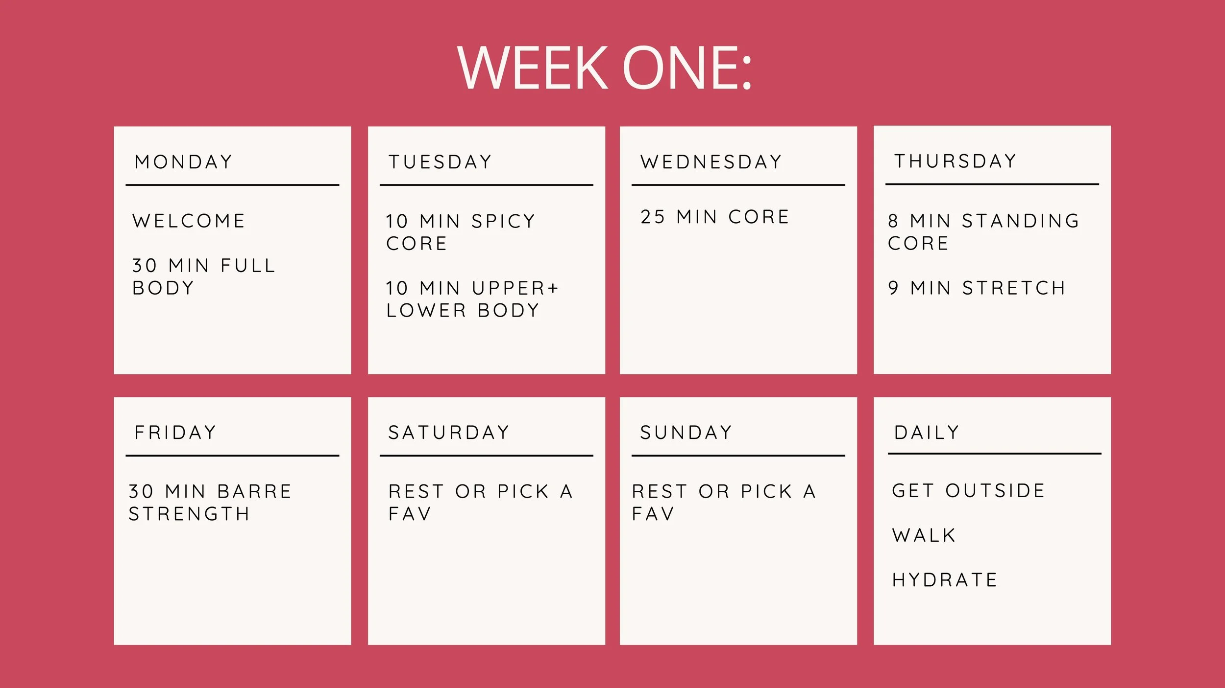 Weekly workout plan for seven days with daily activities listed, including exercises such as full body, core, stretching, and rest days.