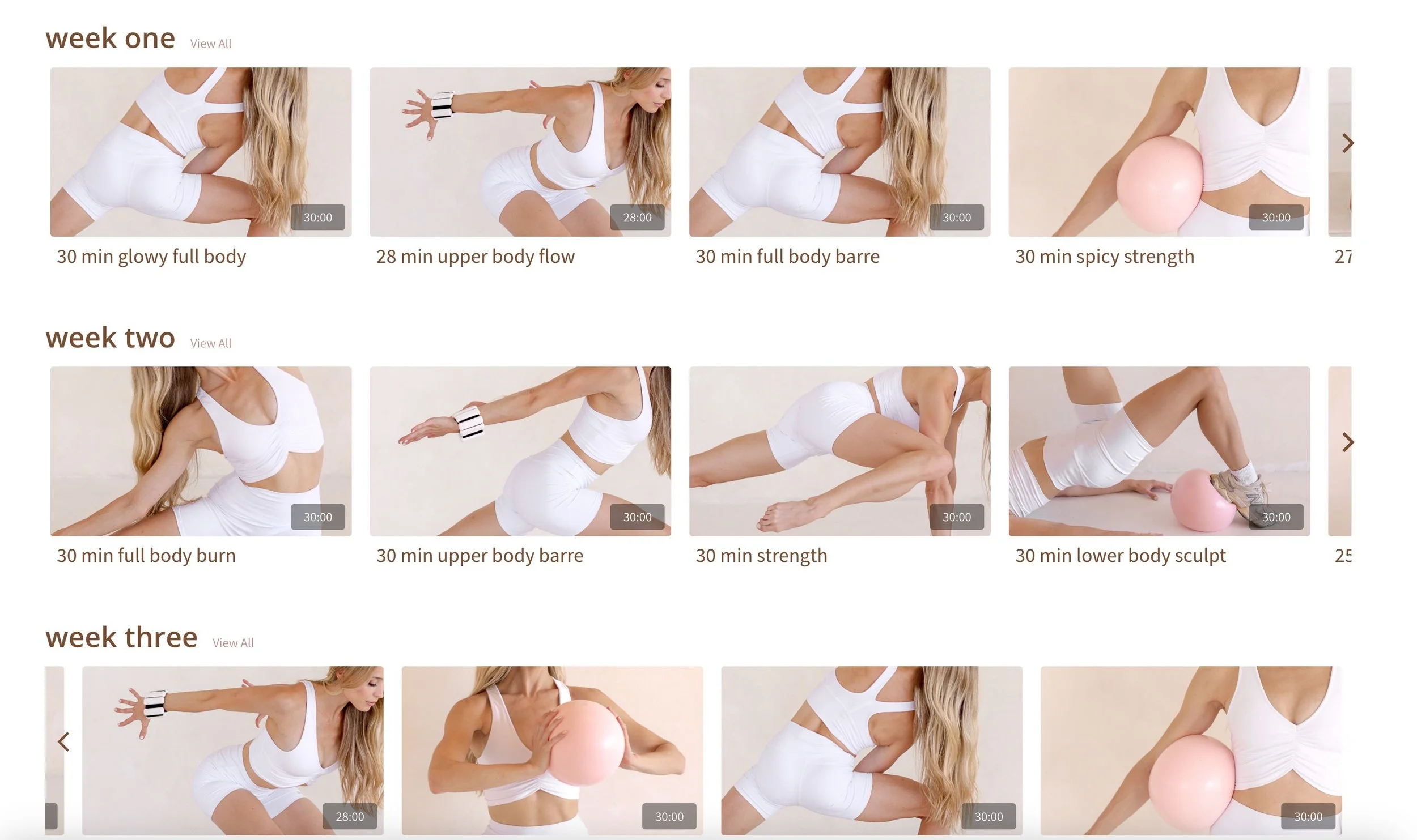 Collection of workout videos featuring a woman in white athletic wear demonstrating exercises and stretches over three weeks.
