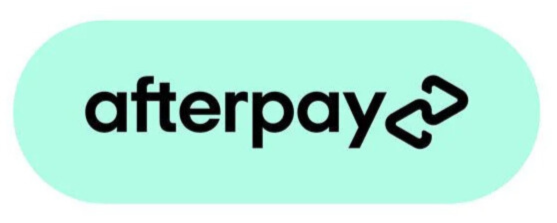 Afterpay logo with black text and chain link icon on a light blue background.