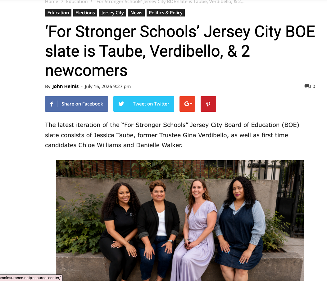 ‘For Stronger Schools’ Jersey City BOE slate is Taube, Verdibello, &amp; 2 newcomers