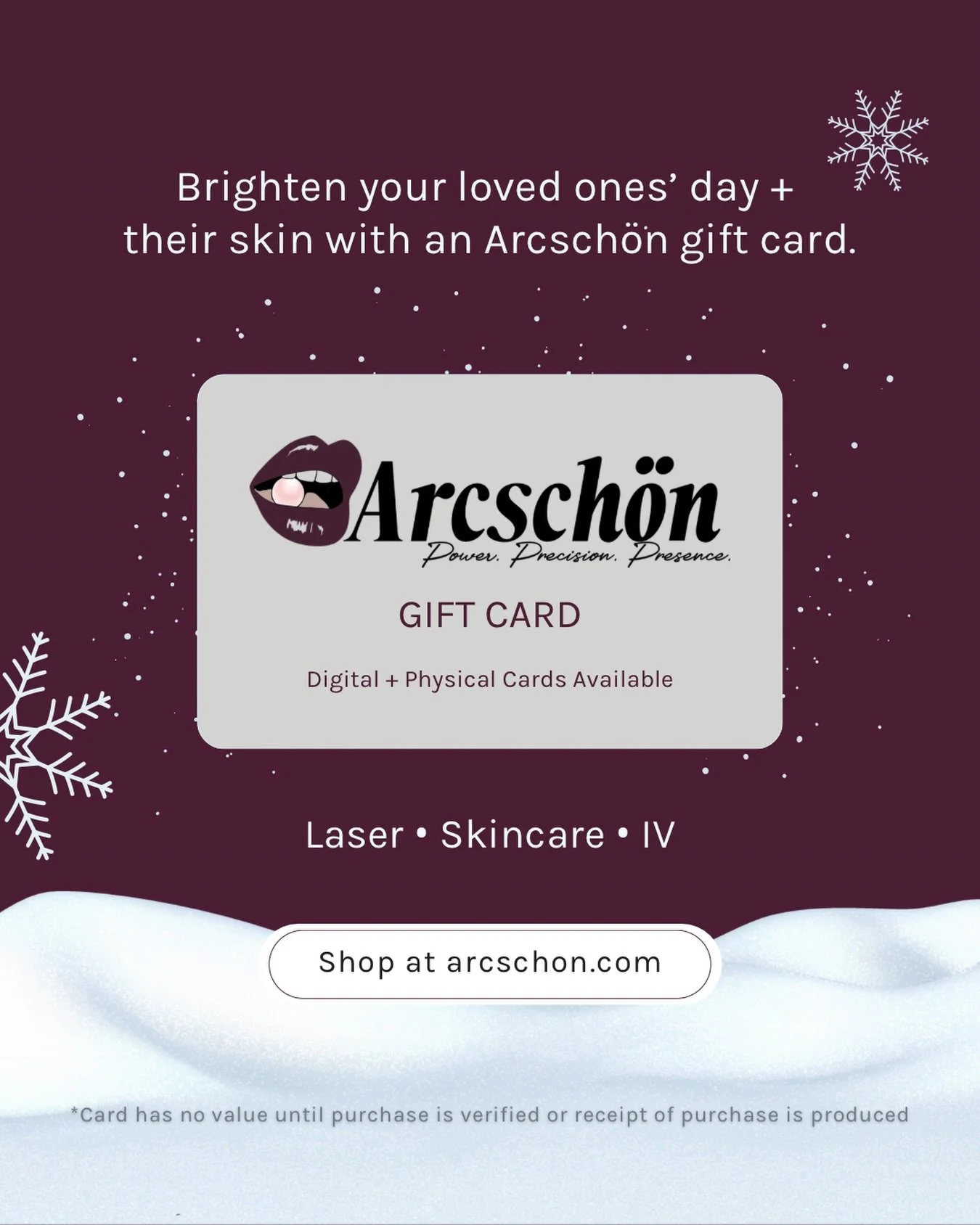 Brighten their day&mdash;and their skin. ❄️✨ Give the gift of Power. Precision. Presence.

Arcsch&ouml;n Gift Cards are available digital + physical, and can be used toward Laser, Skincare, and IV.

🎁 Grab yours now at arcschon.com (or hit the link 