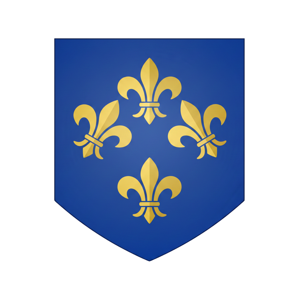 A coat of arms featuring a blue shield with four gold fleur-de-lis symbols.