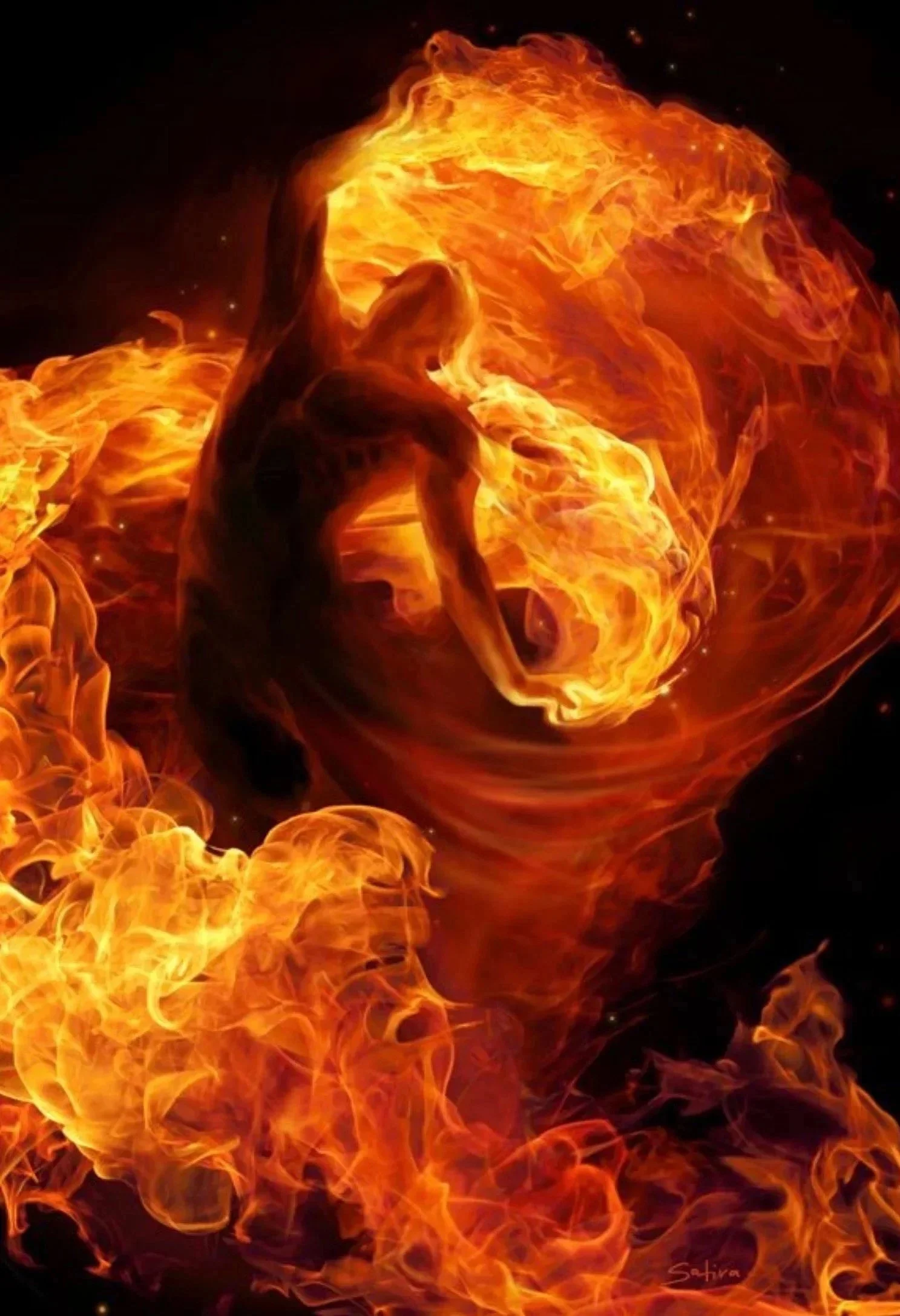 A human figure surrounded by swirling flames and fire. The flames are predominantly orange and yellow, creating a fiery aura around the person. The background is black, emphasizing the fiery effect.