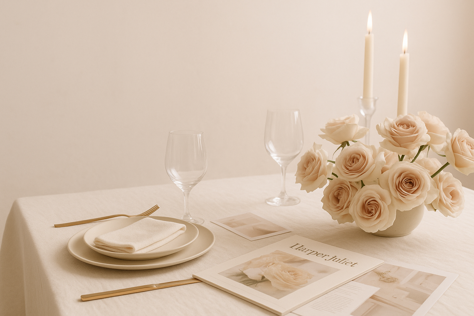 Crystal glass wear and table with pink roses