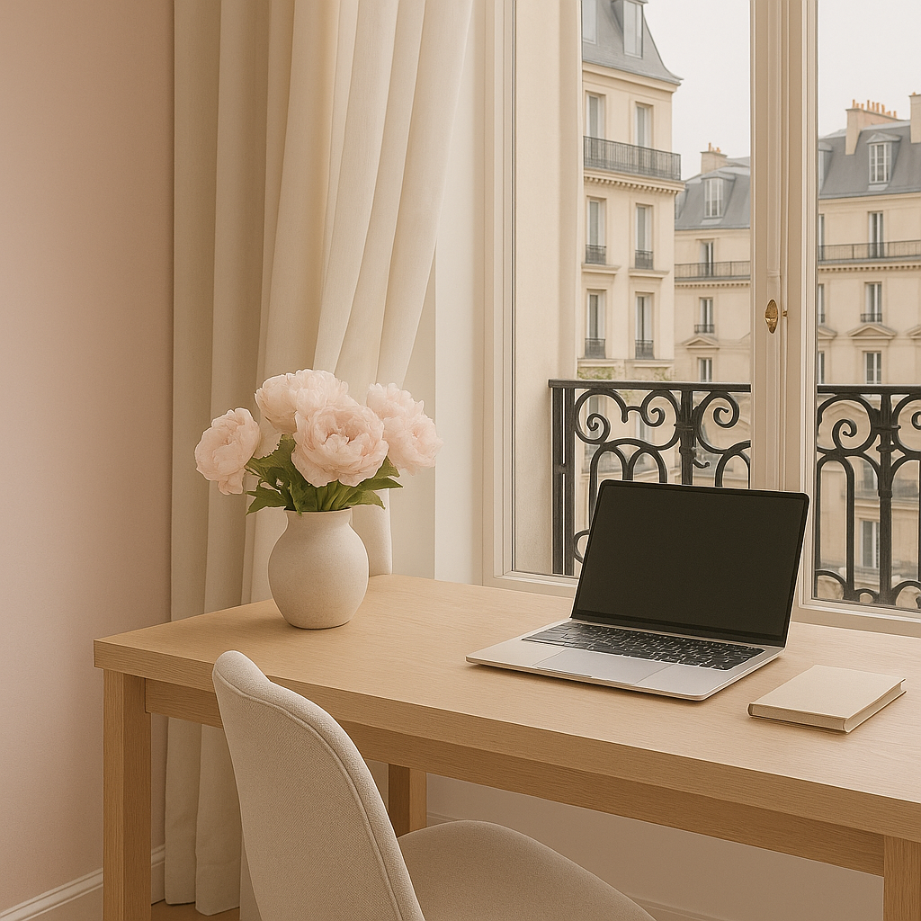 A wooden desk with a laptop, a closed notebook, and a vase of pink flowers near a window with cream curtains. Outside, there are Parisian-style buildings with balconies.