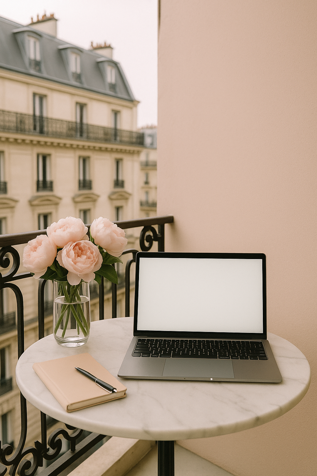 A small round marble table with a laptop, a beige notebook, a pen, and a glass vase with pink peonies on a balcony with ornate black metal railing, overlooking Parisian buildings with mansard roofs and chimneys.