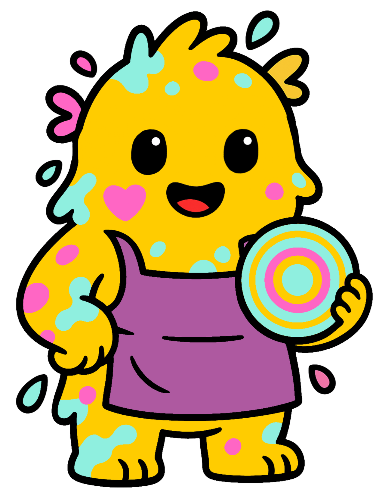 The Dizzy Doodles mascot Dizzy, holding a spin art button with an apron.