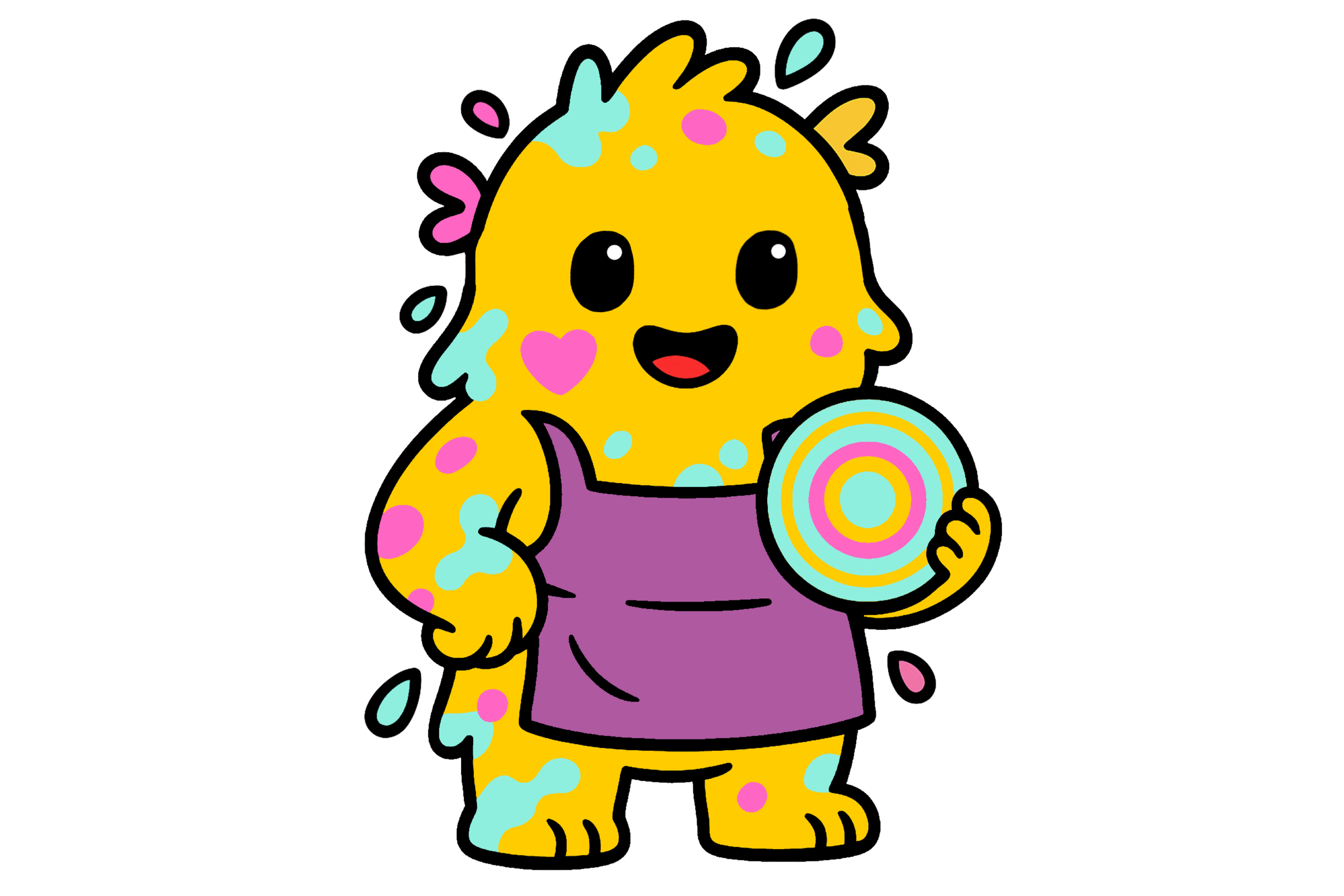 The Dizzy Doodles mascot, Dizzy, wearing an apron showing off his spin art creation.