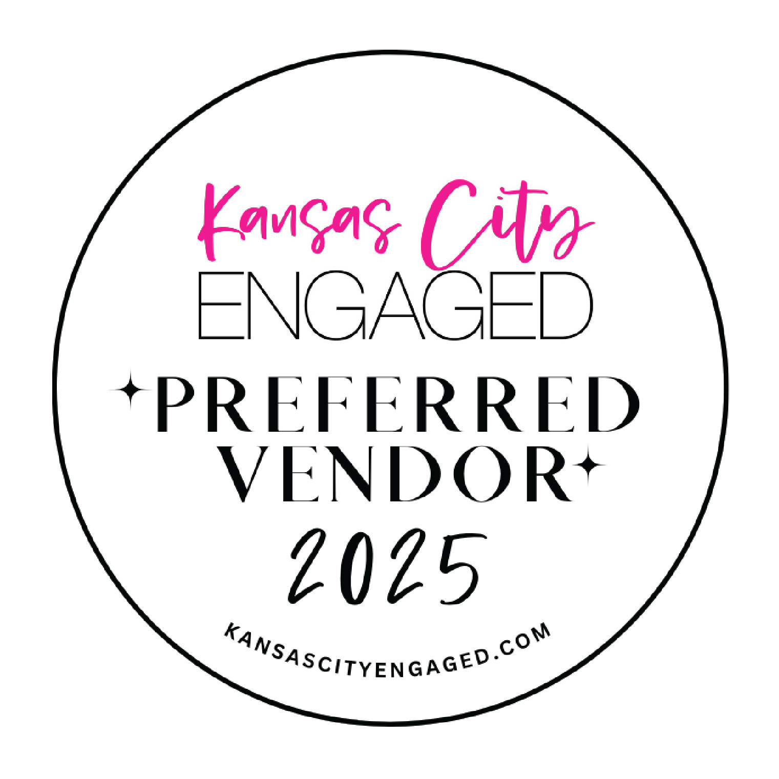 A circular badge with black, white, and pink colors, stating 'Kansas City Engaged, Preferred Vendor 2025' and the website 'kansascityengaged.com'.