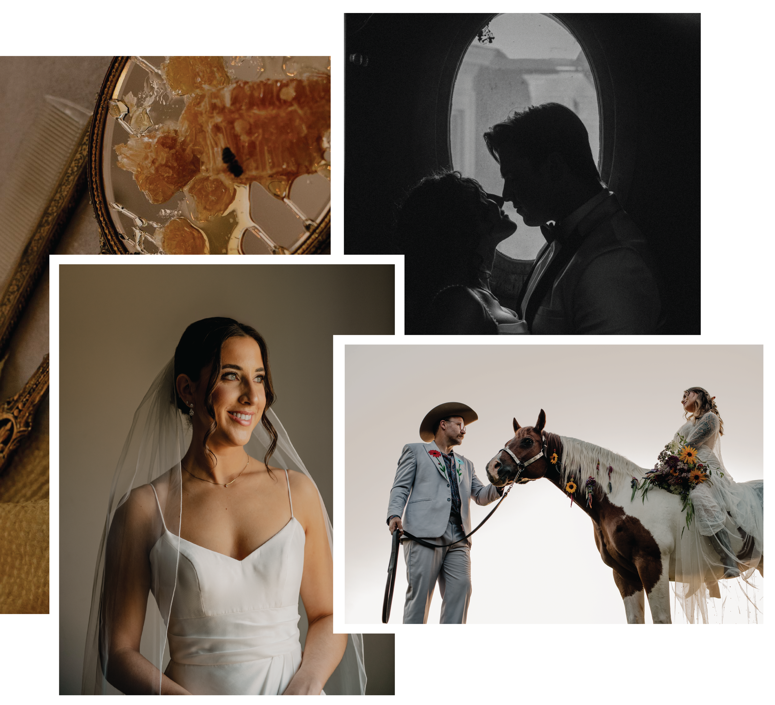 Collage of wedding photos showing a bride, a groom, a couple sharing a moment by a window, a bride riding a decorated horse, and a honeycomb with honey and a bee.