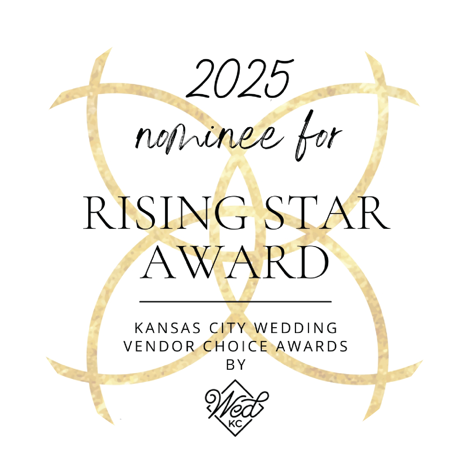 Award graphic featuring overlapping gold circles on white background with black and gold text, nominating for the 2025 Rising Star Award by Kansas City Wedding Vendor Choice Awards.