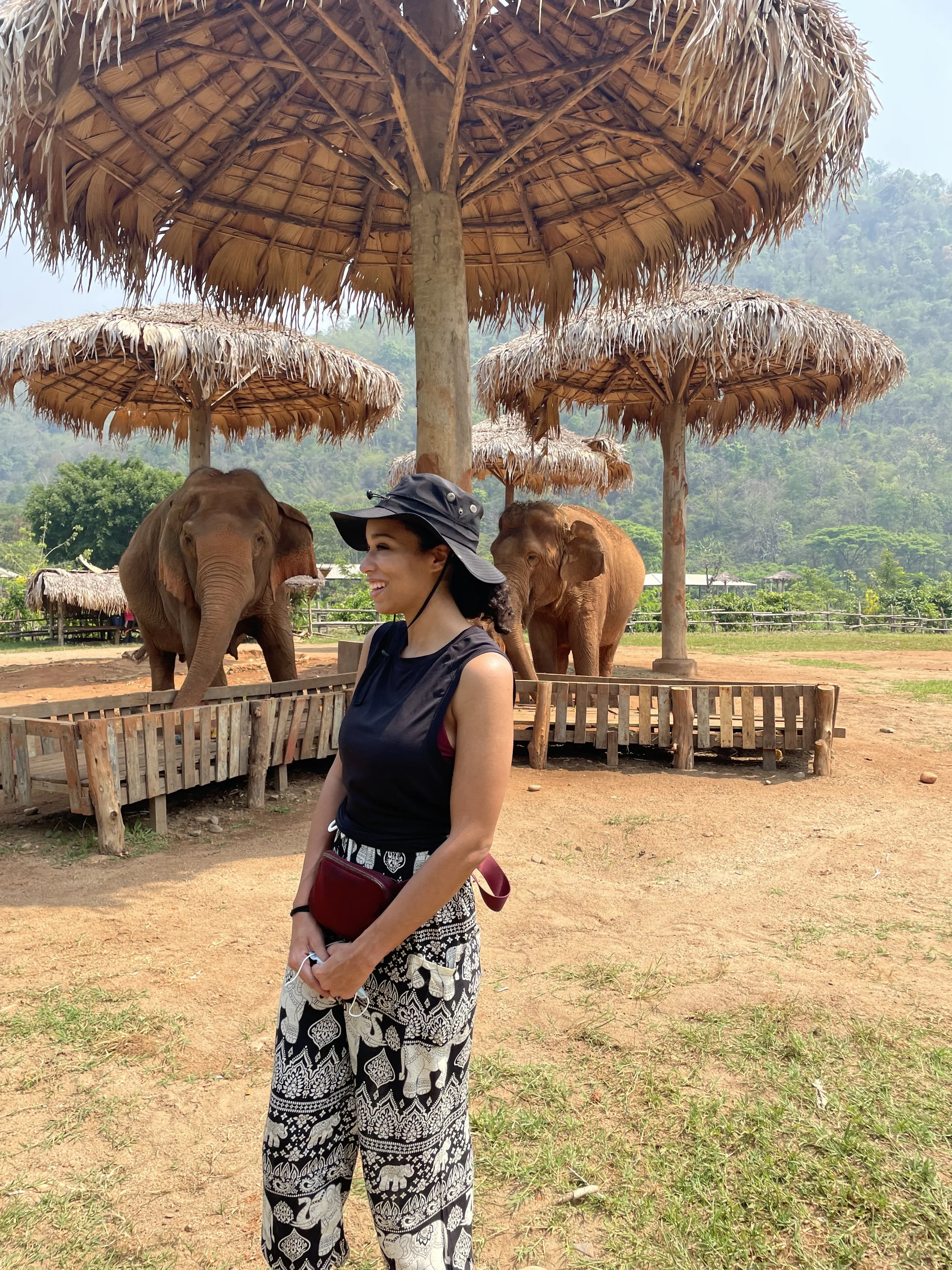 A woman wearing a black sleeveless top, patterned pants, and a wide-brimmed hat, smiling and standing in front of elephants at a safari park with thatched umbrellas and greenery in the background.