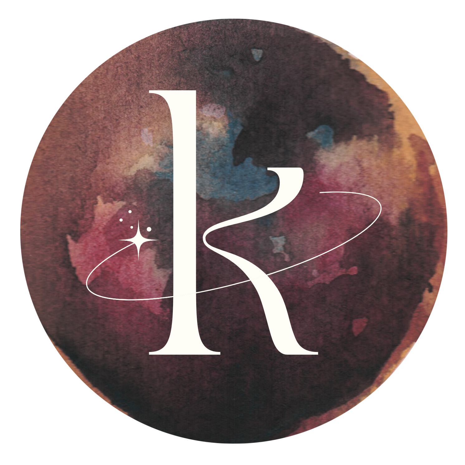 A circular logo with a watercolor galaxy background in shades of pink, purple, and black. Centered is a stylized white letter 'K' with an orbiting star and swirl design around it.