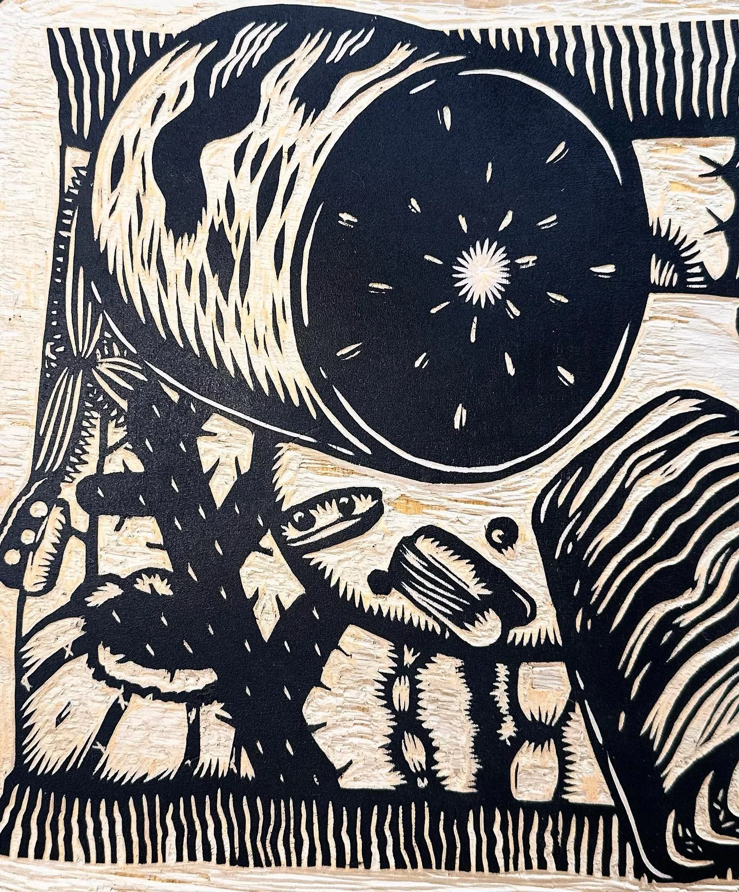 This Sunday swing by @imprintartscollective 12-6 for a good time. Alongside many lovely vendors I will be selling prints and woodcuts including this Desert Picnic woodcut which is my favorite to date. Probs because I love food, the desert is pretty n