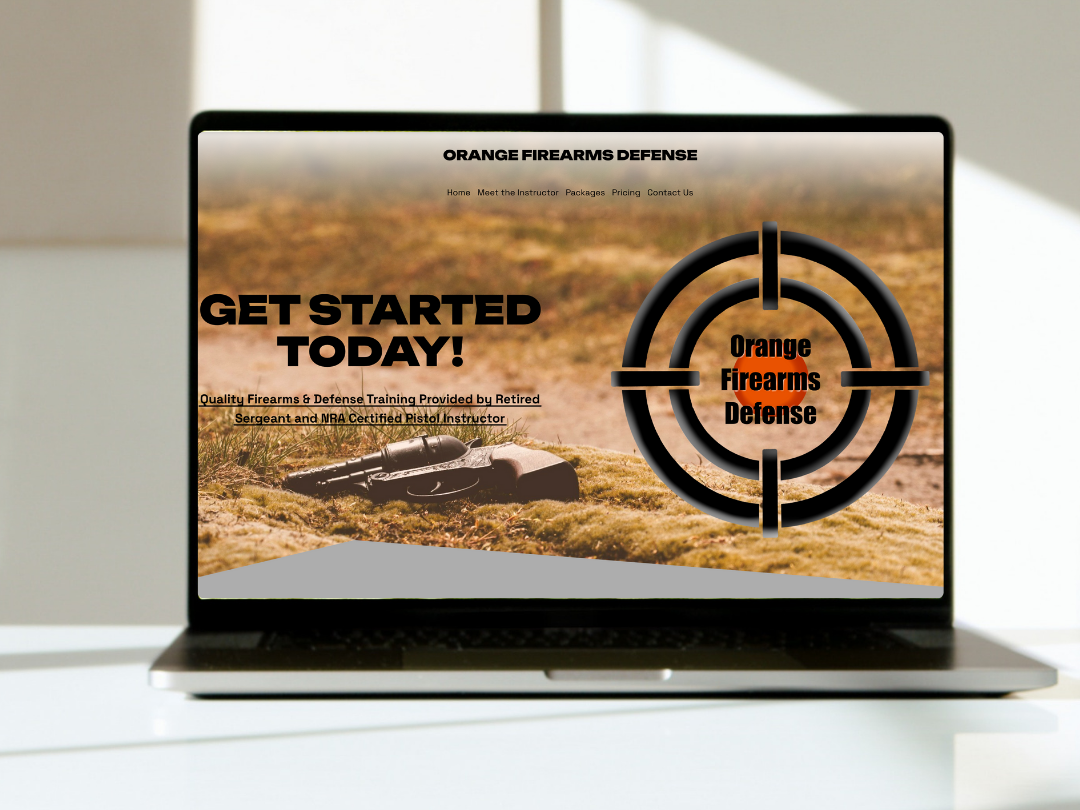 Laptop screen displaying a website for Orange Firearms Defense with a background of a desert landscape and an image of a revolver. Text on the page reads "Get Started Today!" and mentions firearms training provided by retired Sergeant and NRA certifi