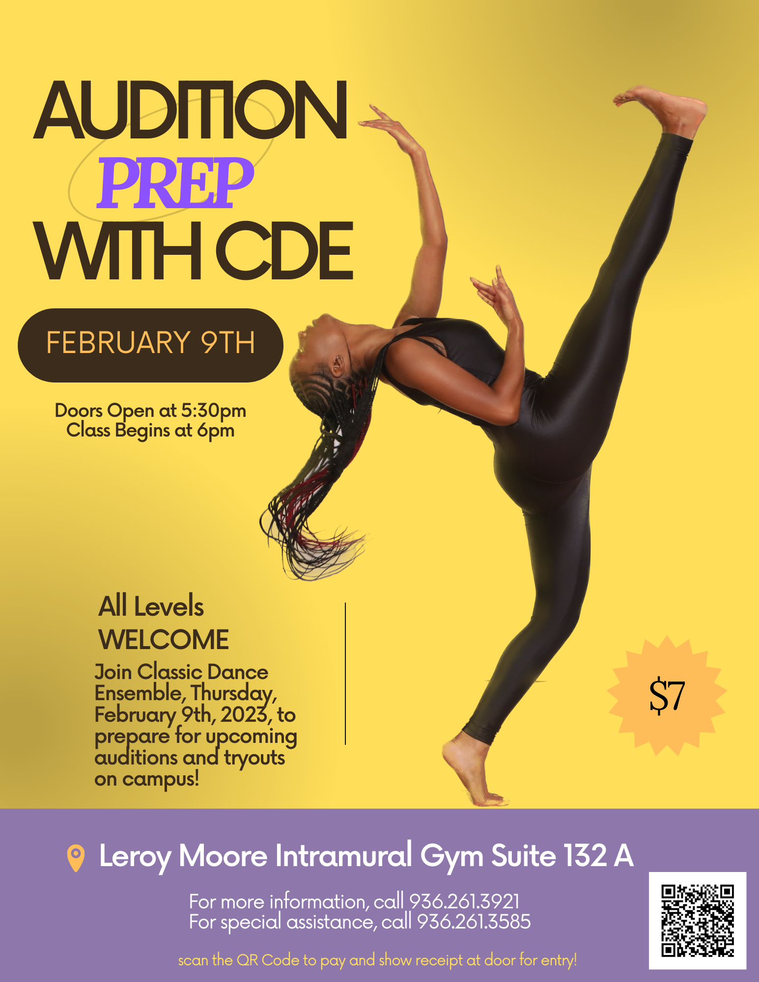 Flyer for audition prep class with CDE, scheduled for February 9th at Leroy Moore Intramural Gym, featuring a woman performing a dance move against a yellow background, with event details including time, location, costs, and contact information.