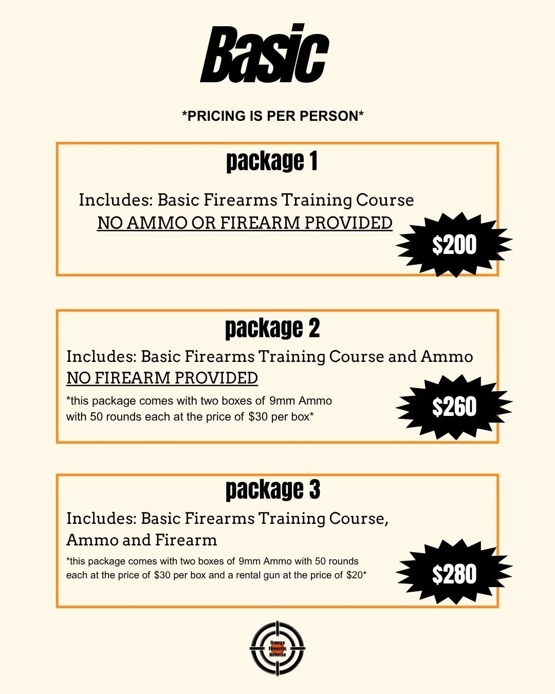 Pricing chart for firearm training packages featuring three options with different includes and prices, and a logo at the bottom.