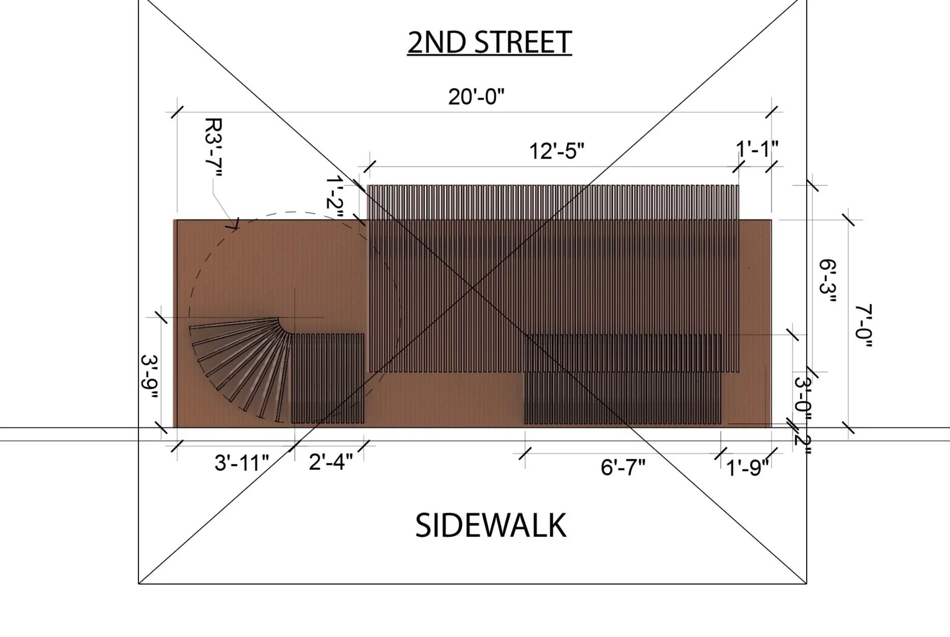 Architectural plan showing a building layout with measurements, including a staircase and adjacent sidewalk area.